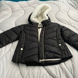 Michael Kors faux fur trimmed black, cheetah print, hooded puffer jacket